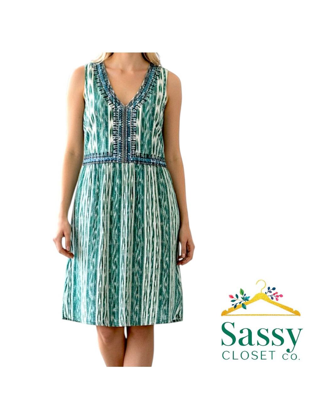 ✨ J. JILL NWT Teal Ikat Cotton Midi Dress Small Pockets Spearmint 👗